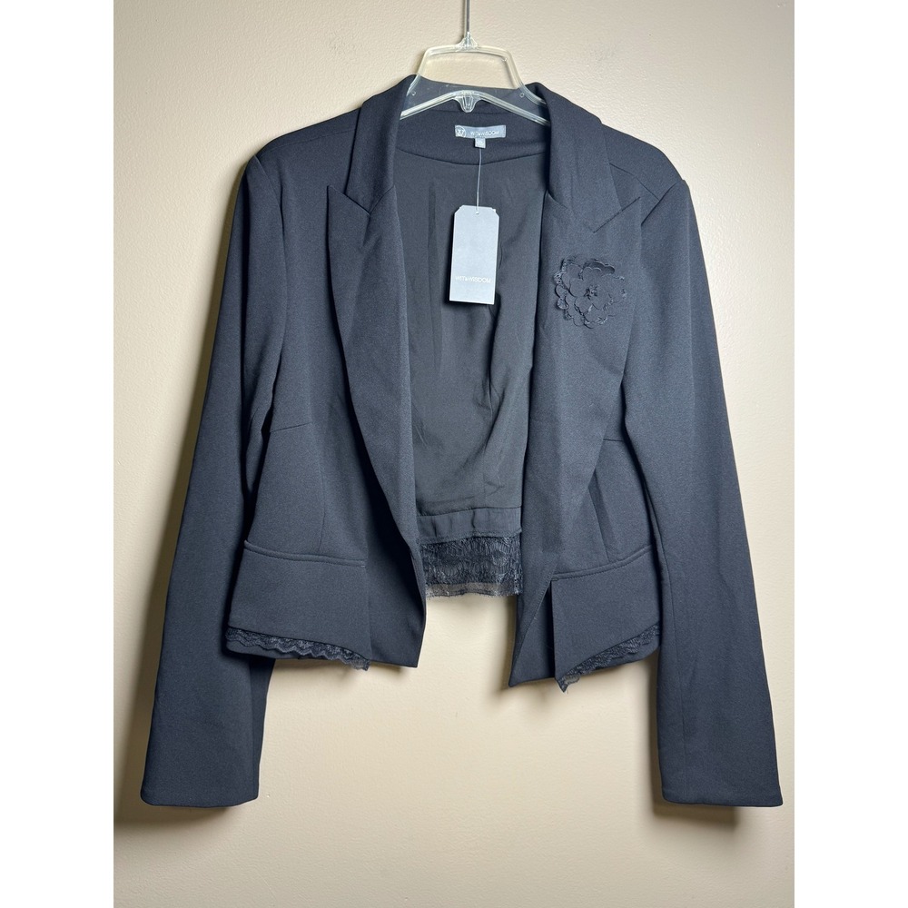 Wit & Wisdom Black Cropped Lace Trim Blazer Floral Applique XL NWT L9464AT8E